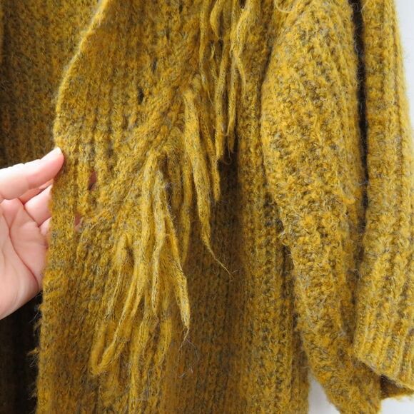 Anthropologie OS Stevie Boho Fringe Marled Knit Mustard Yellow Cardigan Sweater - Picture 4 of 15